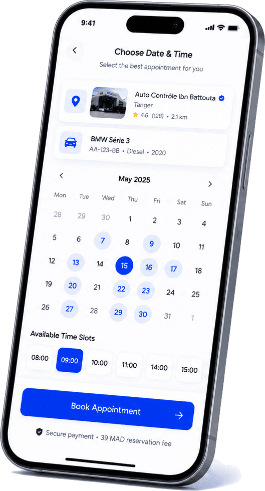 AUTOTICKEET app: the center's calendar with available slots and the 39 MAD booking fee reminder.