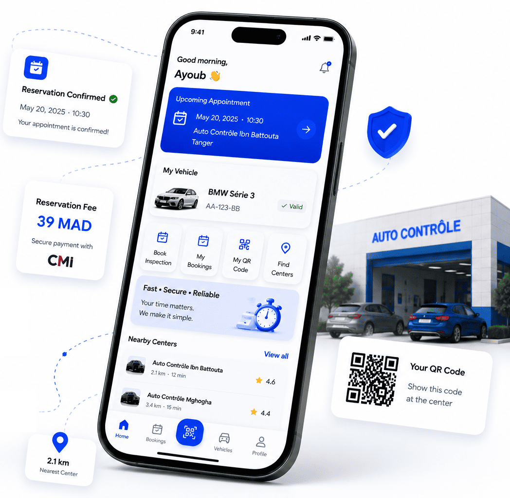 AUTOTICKEET driver app: upcoming appointment, booking confirmed, 39 MAD booking fee paid via CMI and a QR code to show at the center.