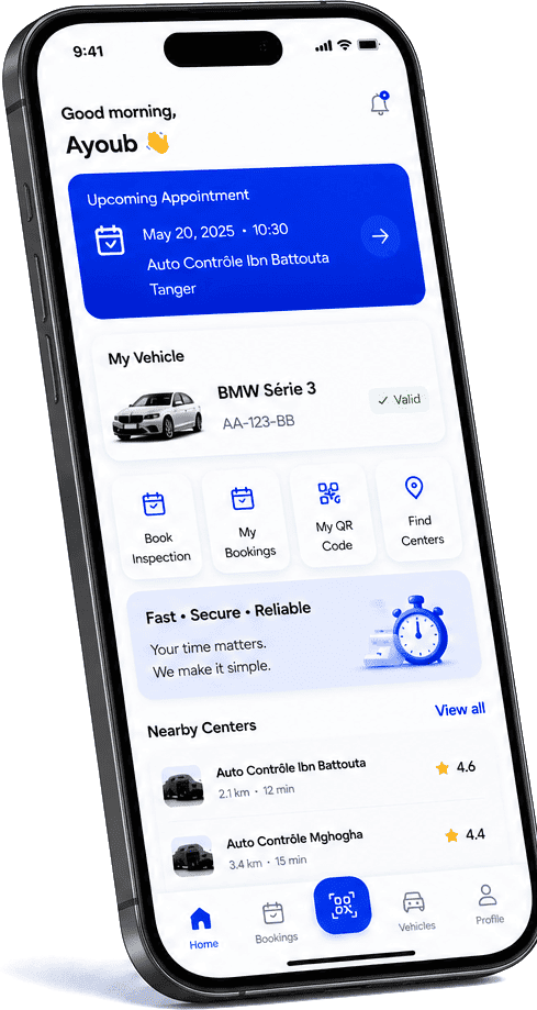 AUTOTICKEET app: driver home with upcoming appointment, vehicle, bookings, QR code and nearby centers.