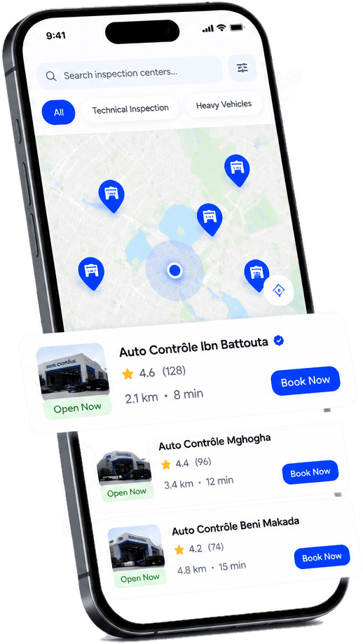 AUTOTICKEET app: map and list of nearby inspection centers with rating, distance and a booking button.
