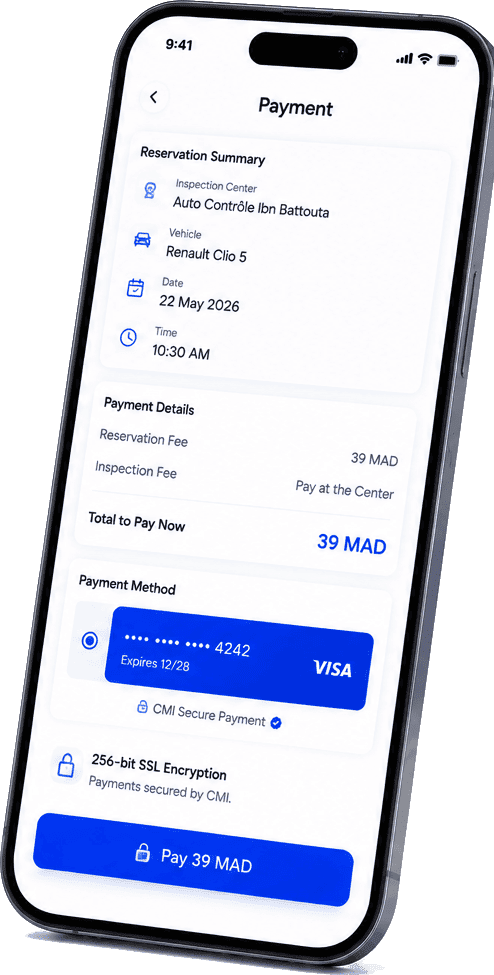 AUTOTICKEET app: payment screen with the 39 MAD booking fee, inspection paid at the center and secure CMI payment.