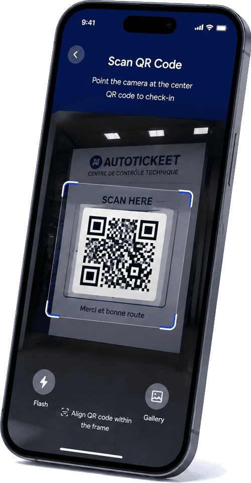 AUTOTICKEET app: the driver scans the QR code displayed at the inspection center's entrance.